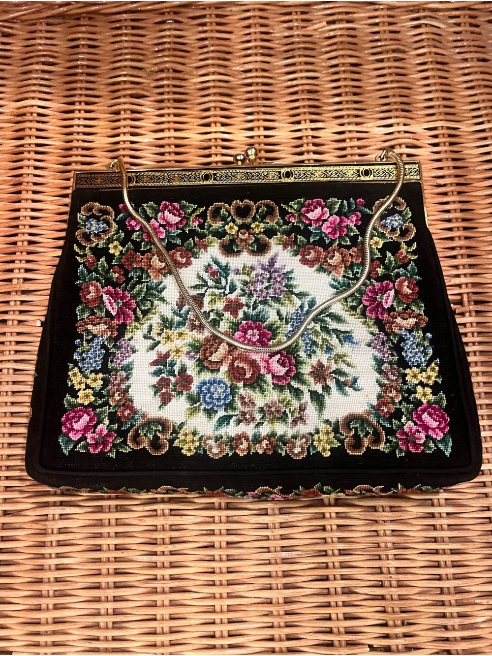 Vintage Floral Needlepoint Tapestry Purse with Gold-Tone Ornate Frame & Chain